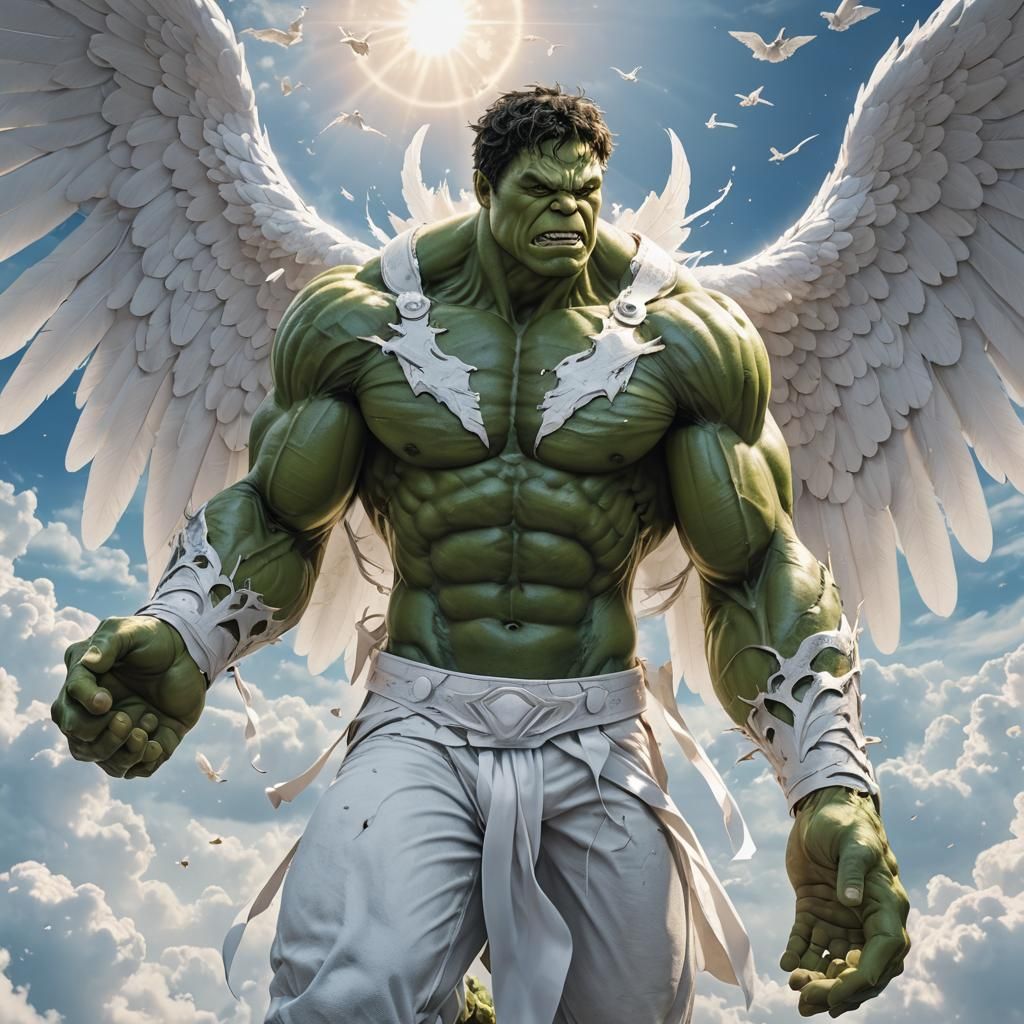 Angelic Hulk in Heaven: Hyperrealistic Anime Art