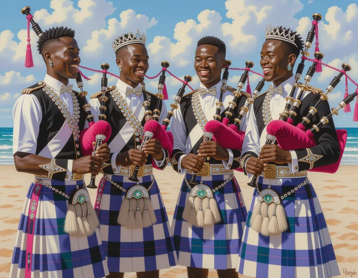 Bagpipe Quartet in Hyperrealistic Oil Painting Style