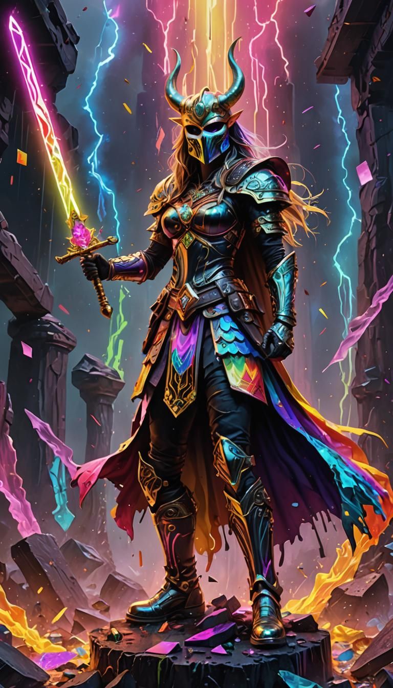 Psychedelic Goddess Victorious in Neon Viking Ruins