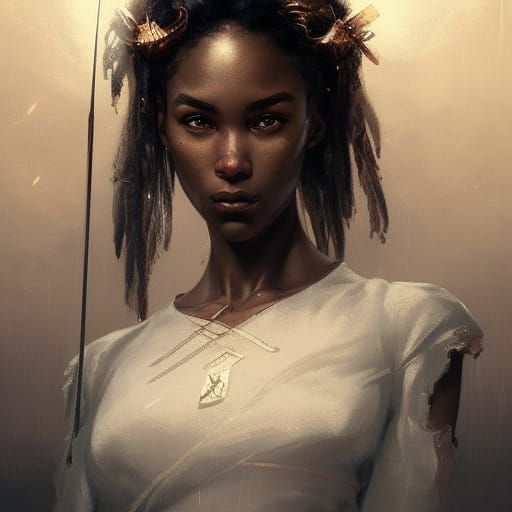 Detailed Portrait of Black Woman with Bow and Arrow