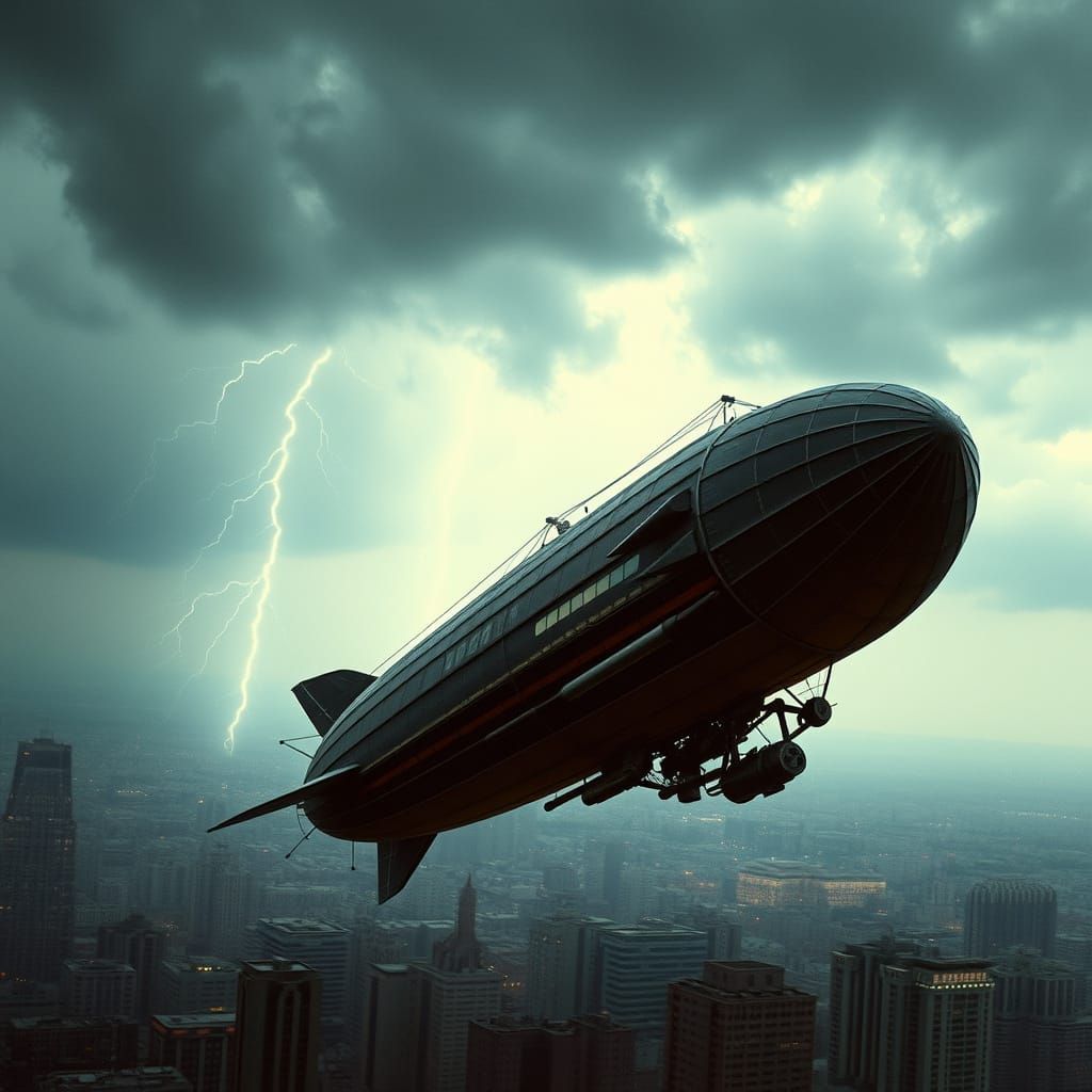 Dieselpunk Zeppelin Soaring Through Stormy Cityscape