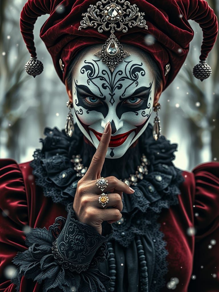 Harlequin Woman's Sinister Smile in Winter Forest