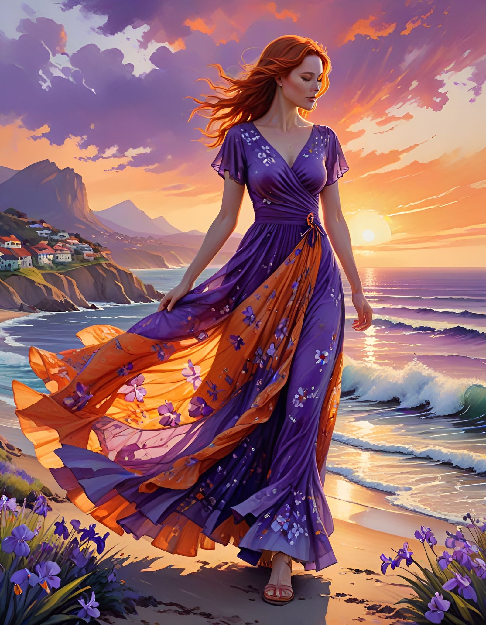 Vibrant Sunset Portrait in Watercolor Style