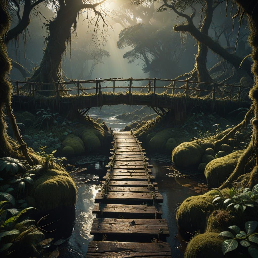 Surreal Amazonian Bridge in Dark Fantasy Style