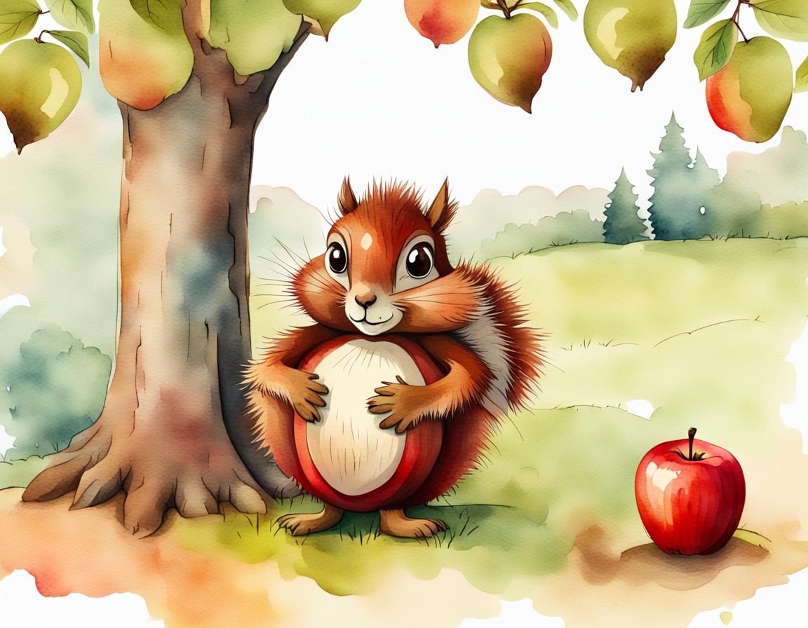 Cute Chestnut Hugging Apple in Watercolour Style