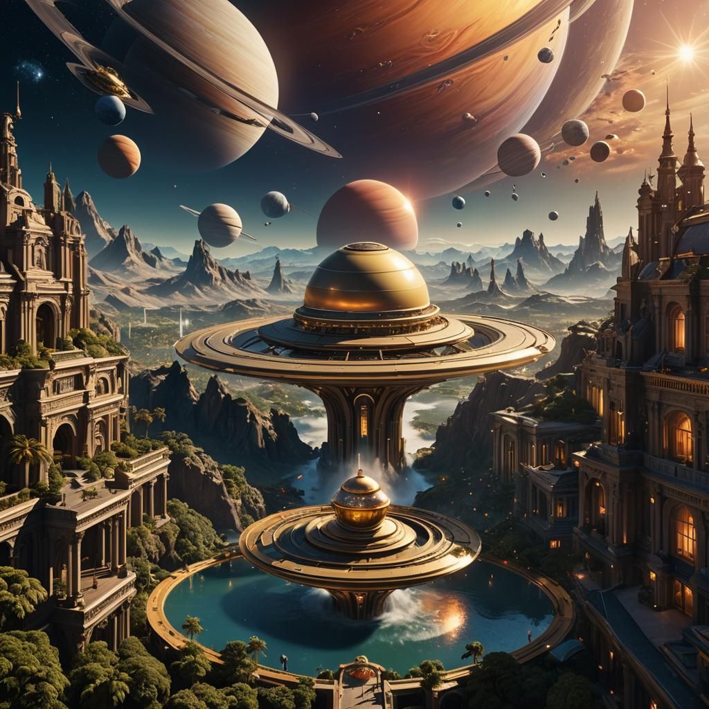 Saturn Planetscape with Futuristic Hotels, Digital Art