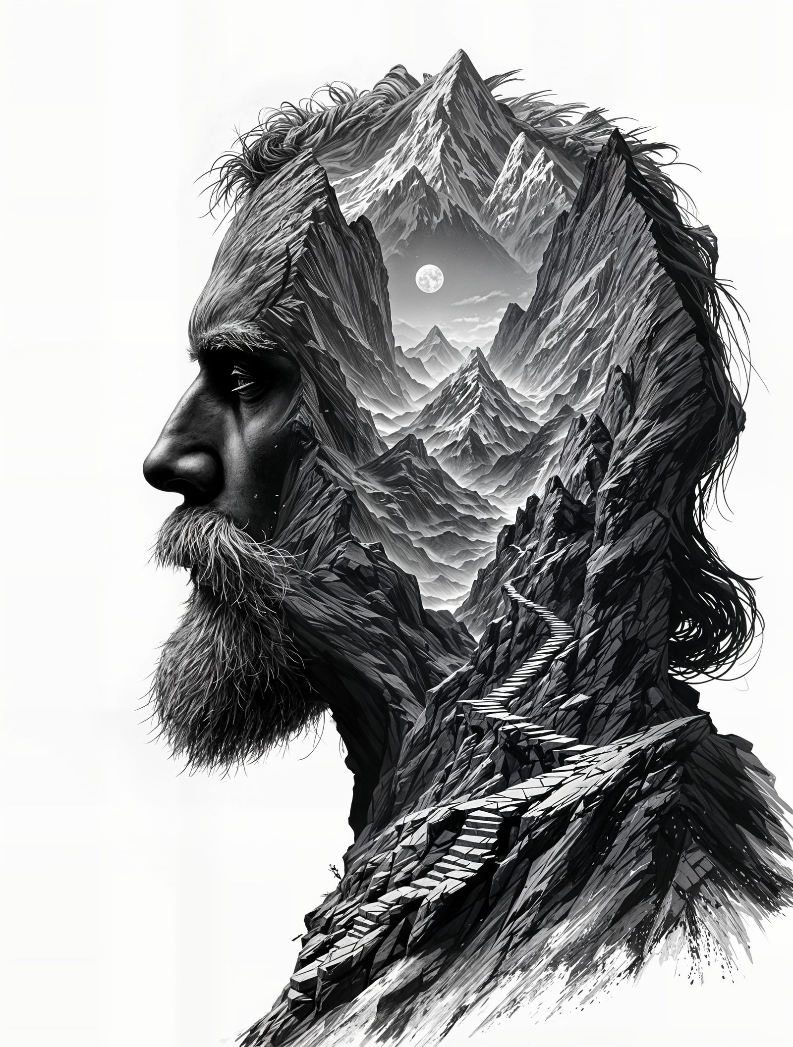 Ancient Man Blends with Mountain Landscape in Hyperrealistic...