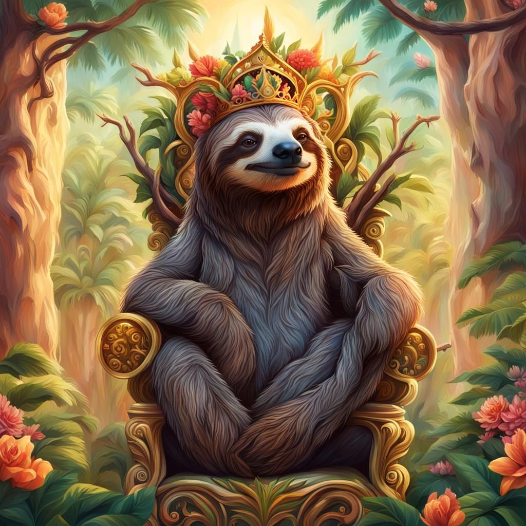 Majestic Sloth King on Branch Throne in Hyperrealism