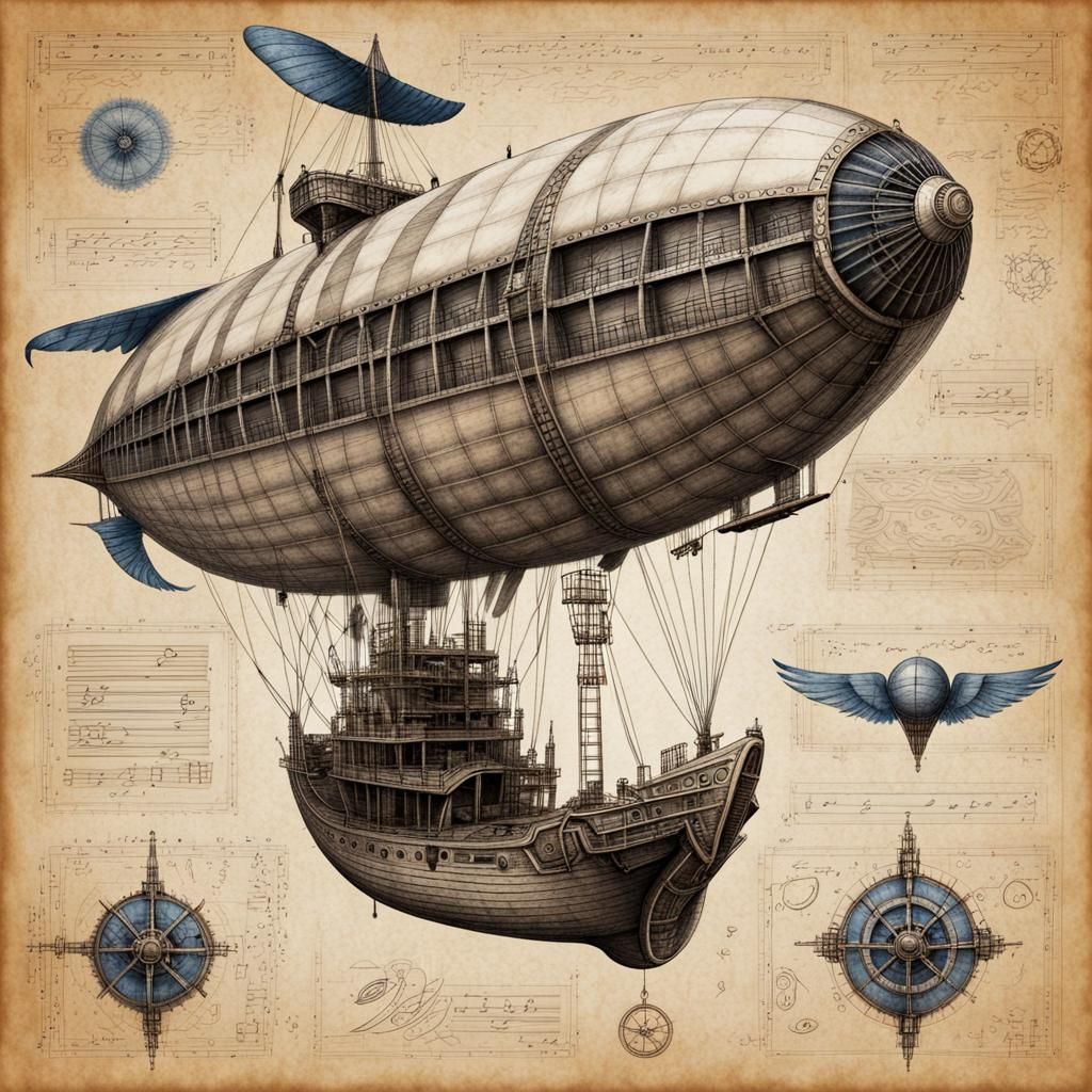 Fantasy Airship Blueprint in Charcoal