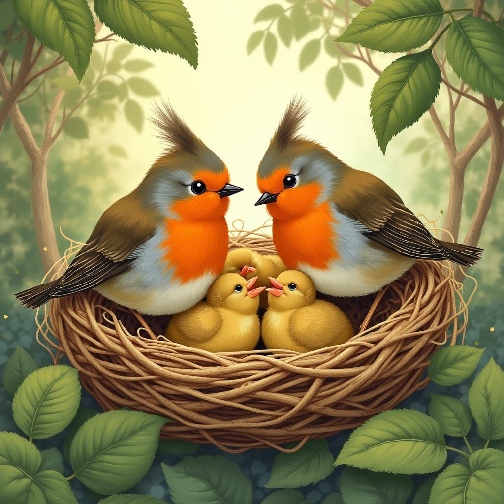 Whimsical Robins Family Scene in Storybook Style