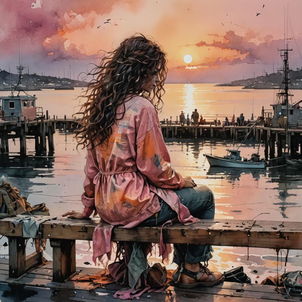 Spanish Woman Watching Sunset: Watercolor Art