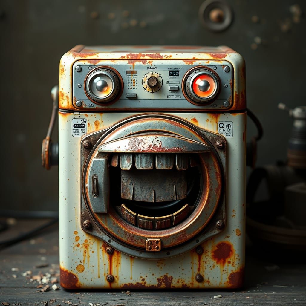 Retro-Futuristic Robot Head from a Rusty Washing Machine