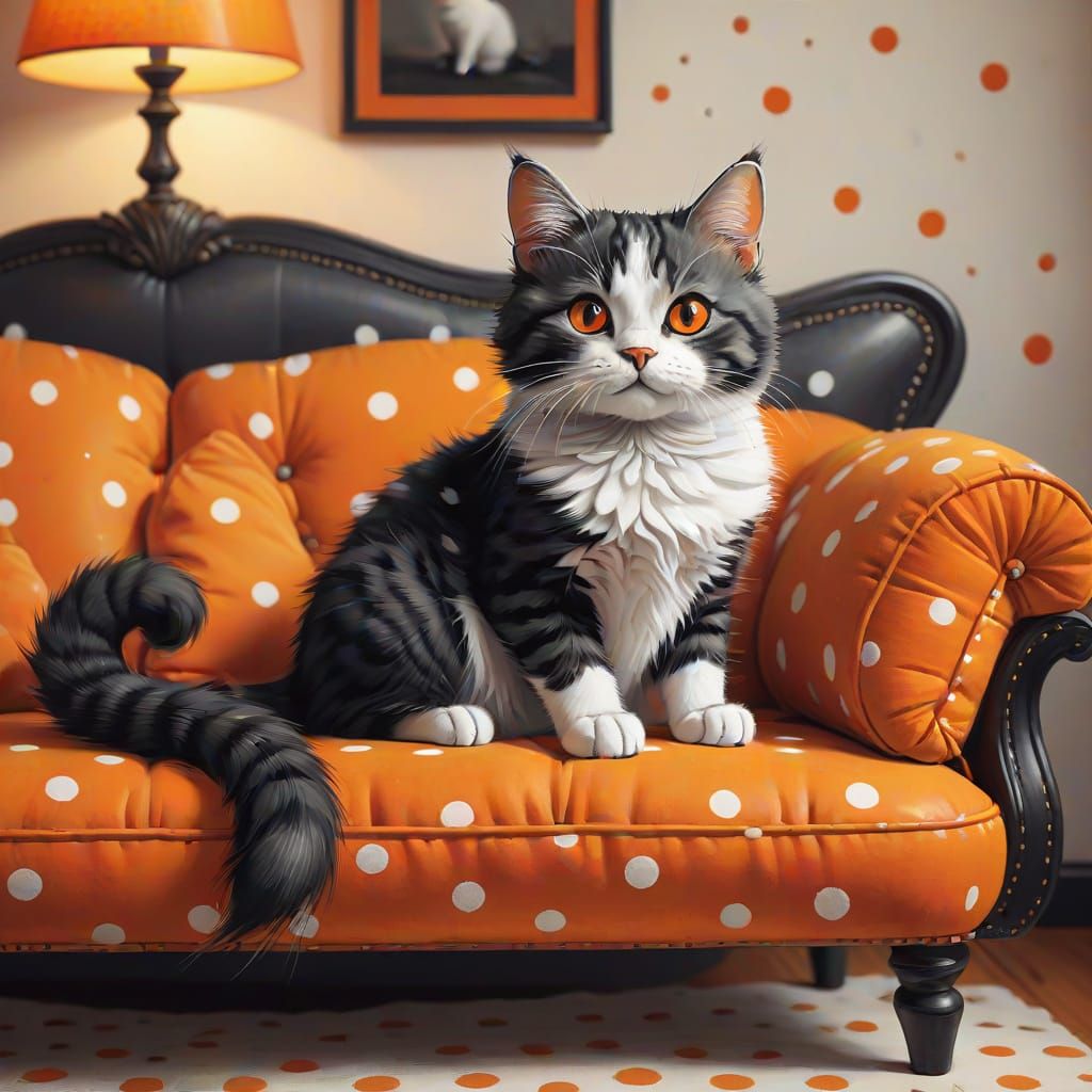 Polka Dot Cat on Orange Couch: Whimsical Digital Art