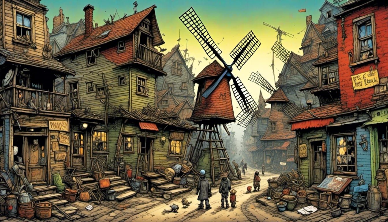 Epic Slum Masterpiece with Windmill in 2000s Style