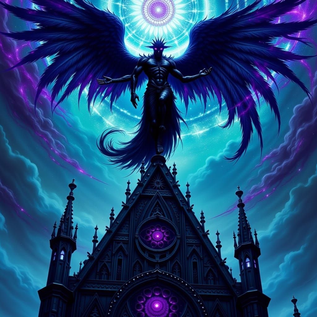 Dark Angel on Gothic Spire Amidst Psychedelic Storm