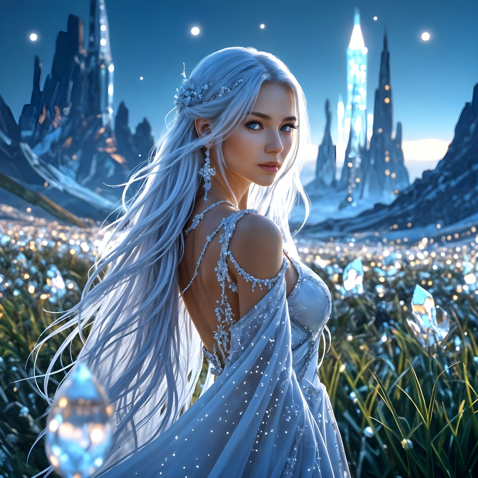 Ethereal Woman in Crystal Field: 8K Portrait