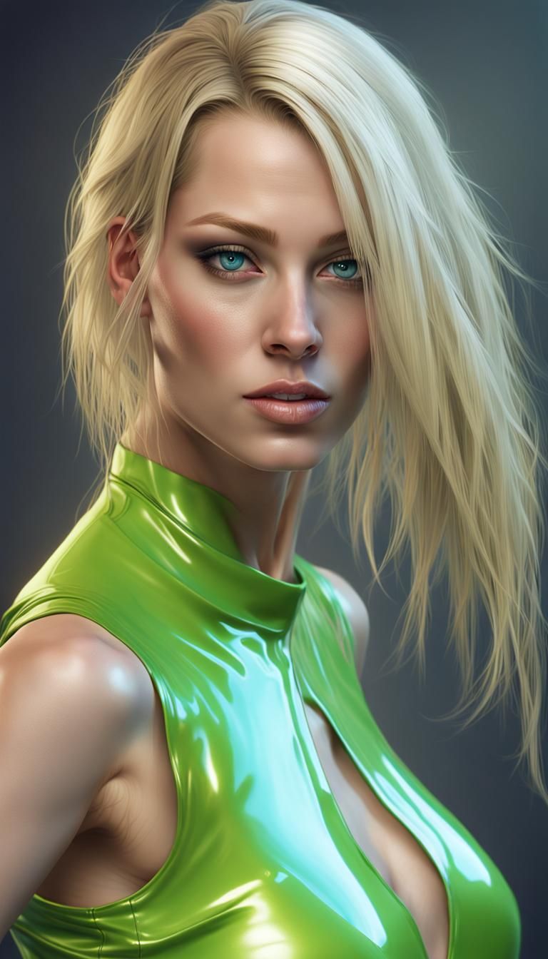 Woman in Lime Green Latex Dress, Hyperdetailed Portrait