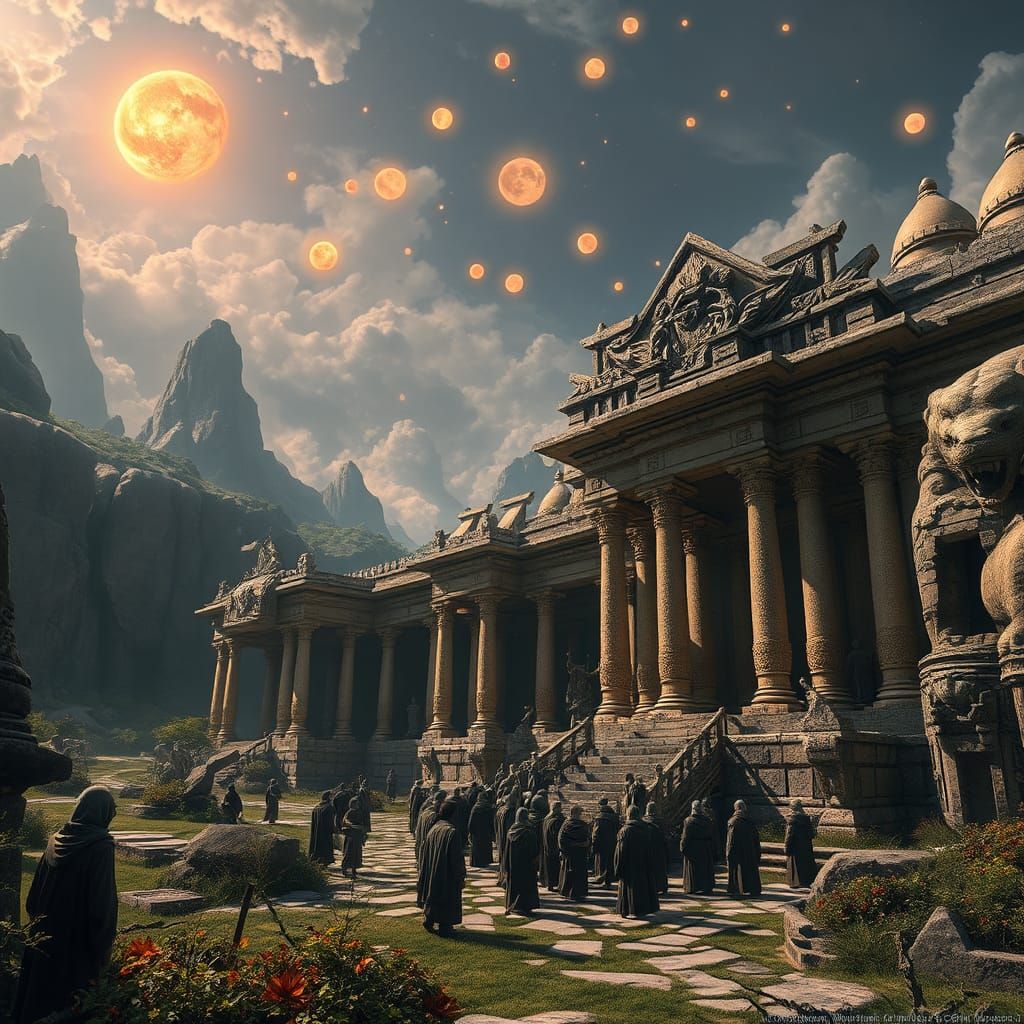 Majestic Temple with Twinkling Suns, Fantasy Concept Art