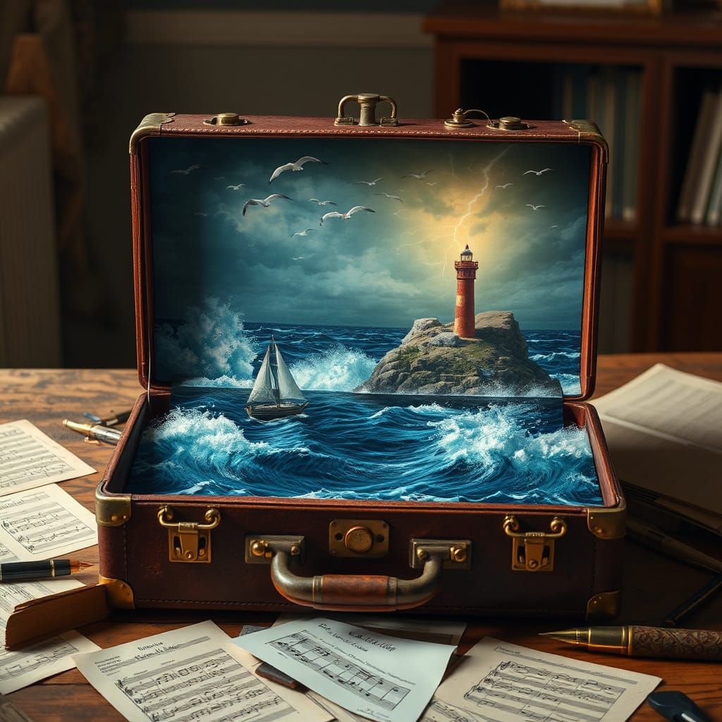 create 32k HD, A vintage suitcase is open, revealing a fanta...