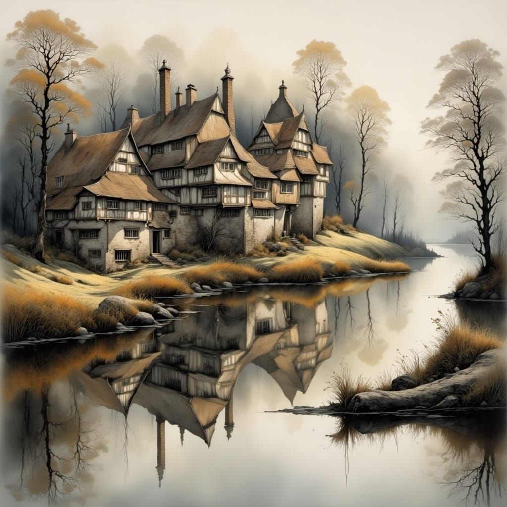 Half-Timbered Houses on Lake in Morning Light