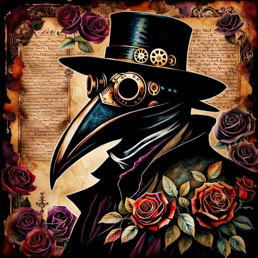 Steampunk Plague Doctor Watercolor with Roses