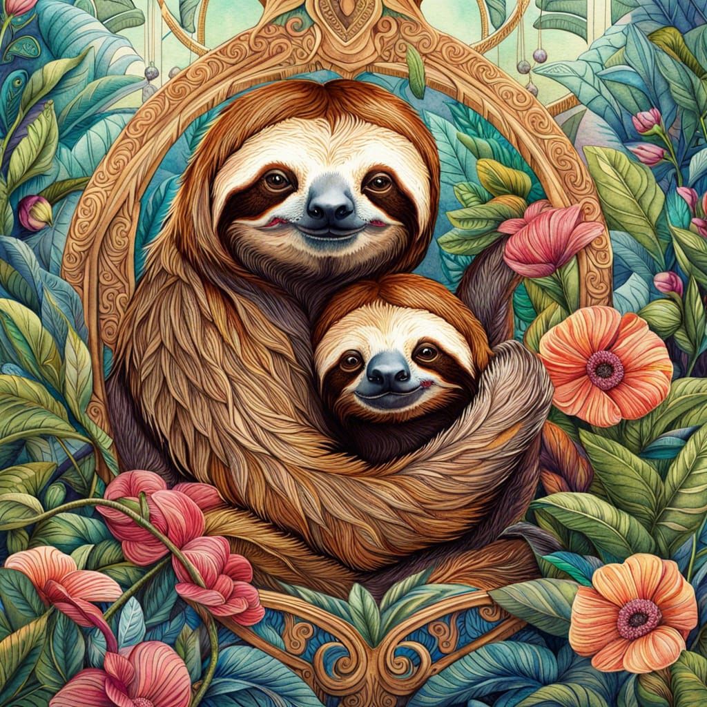 Watercolor Sloths in Bright Fantasy Concept Art