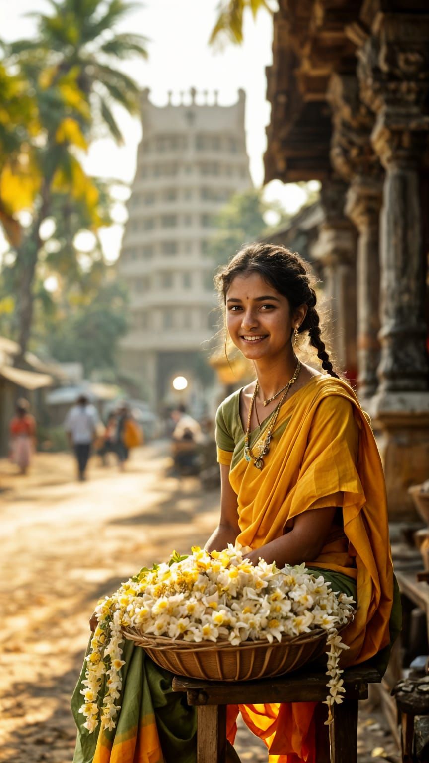 A Young Indian Village Girl Sells Jasmine Flowers in a Quain...