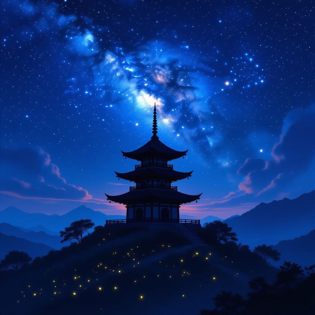 Dark Fantasy Pagoda Under Starry Night Sky with Fireflies