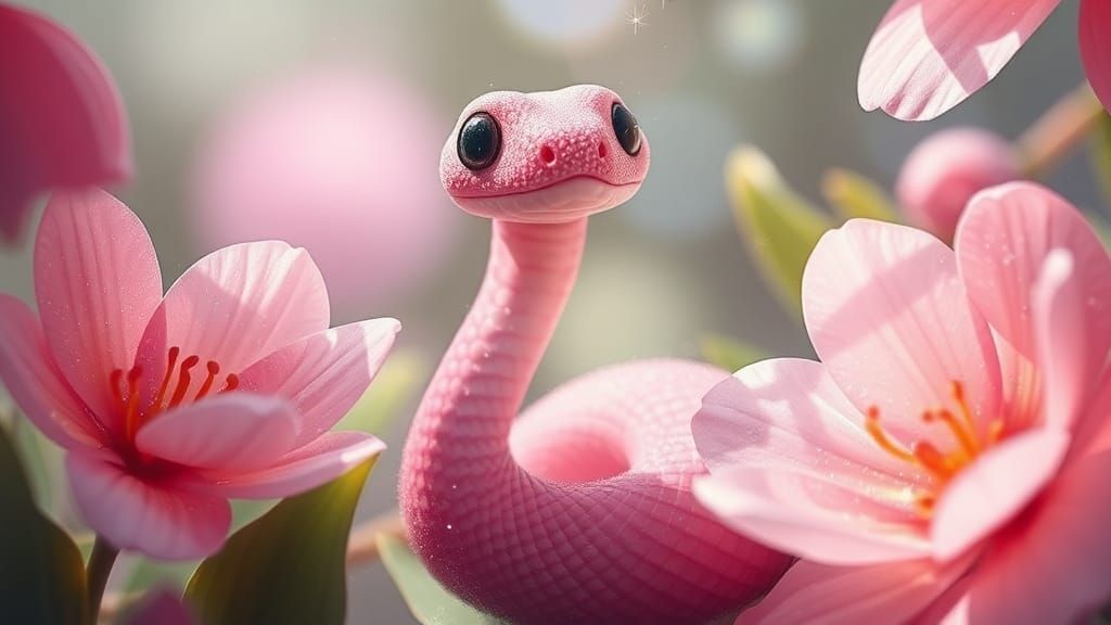 Cute Pink Baby Snake in Sparkling Flowers