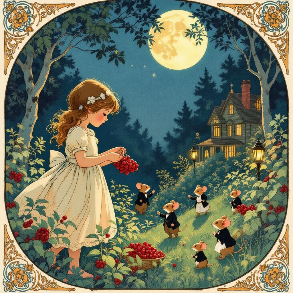 Girl Finds Mouse City in Moonlit Forest