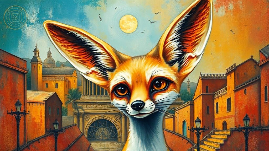 Fennec Fox in Impasto Style with Ancient Cityscape