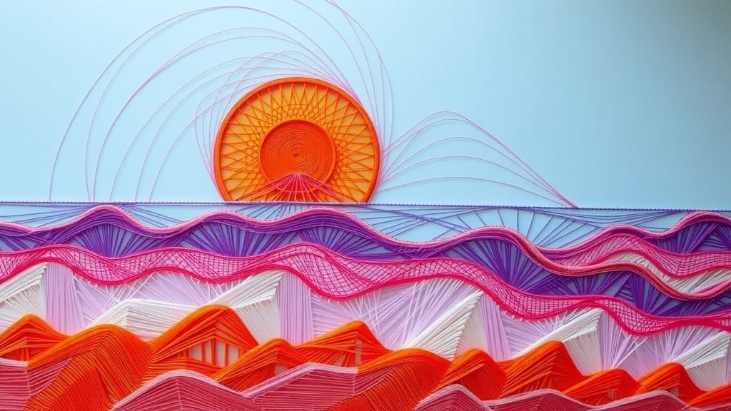 Sunset Coastline in String Art Style