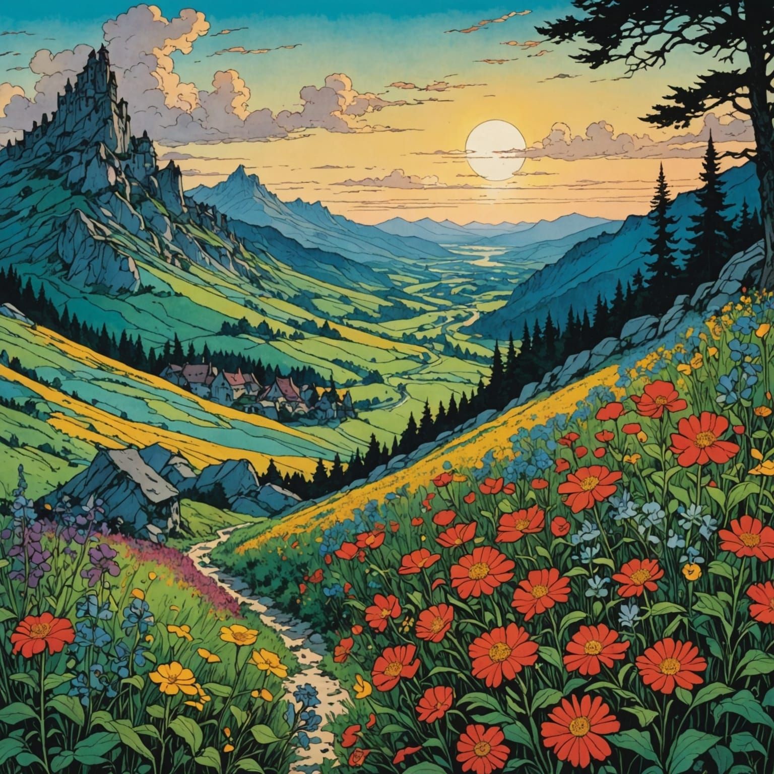 Colorful Medieval Valley Dawn in Anime Style