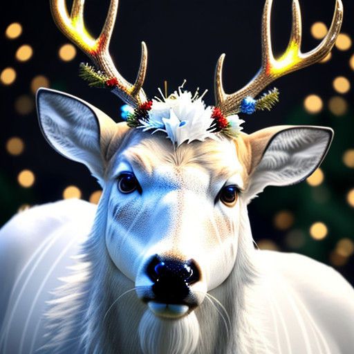 Majestic White Buck Deer Adorned with Christmas Decorations....