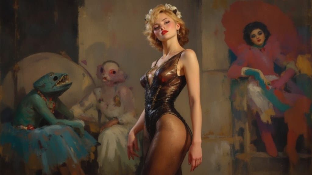 Backstage: A vibrant, high-detail oil painting of the Opera "Dagon"