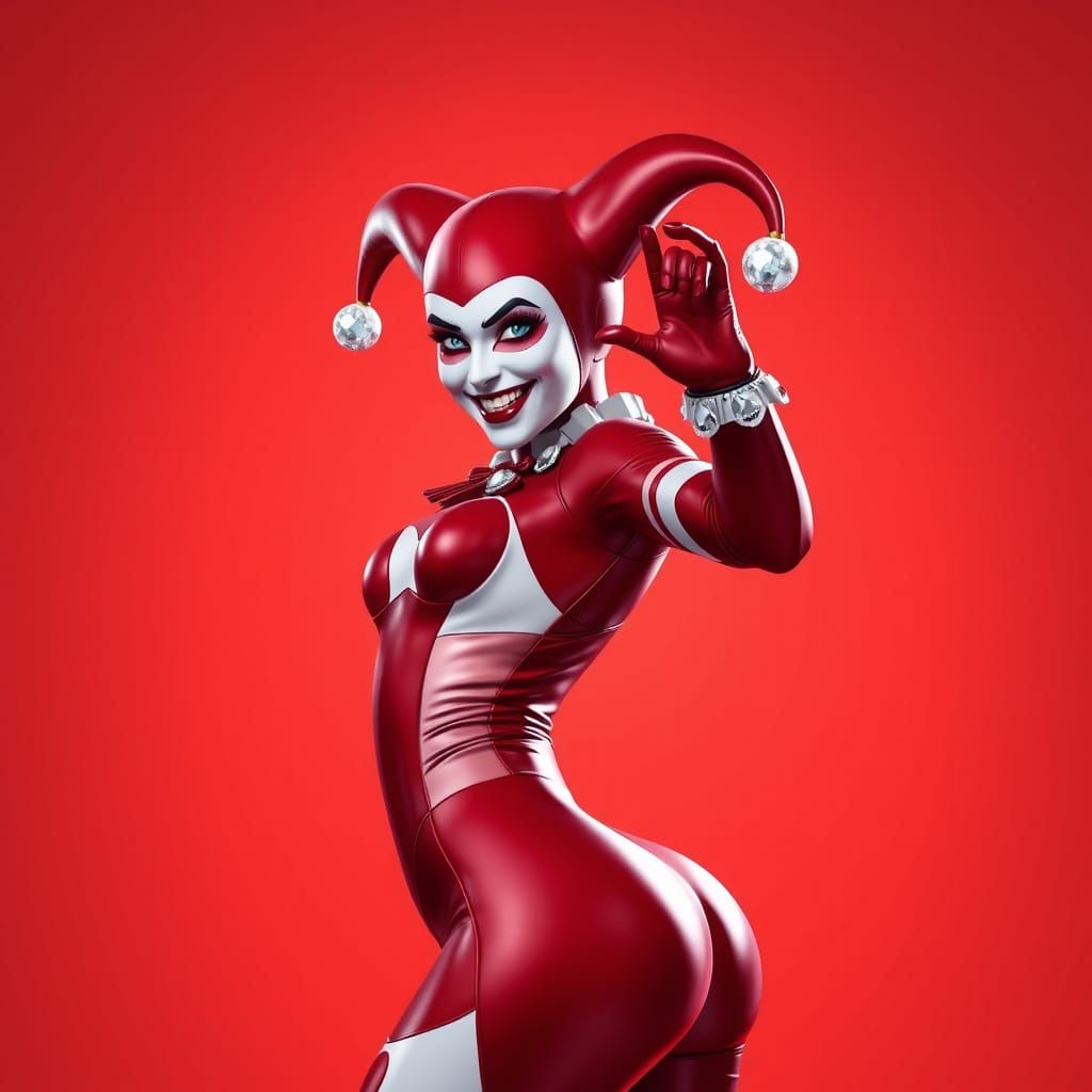 Fantastical Harley Quinn in Latex Jester Costume on Vibrant ...