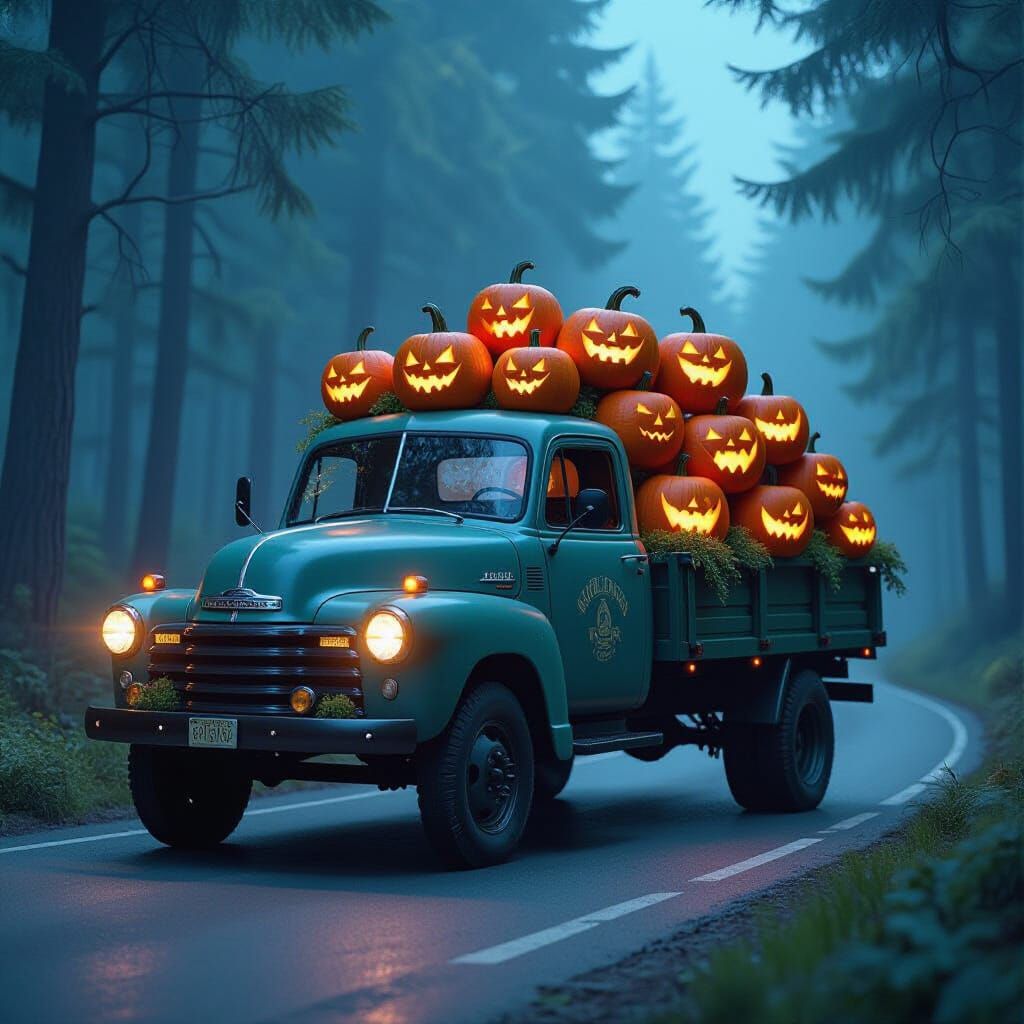 Antique Truck Mobile Garden With Bioluminescent Pumpkins