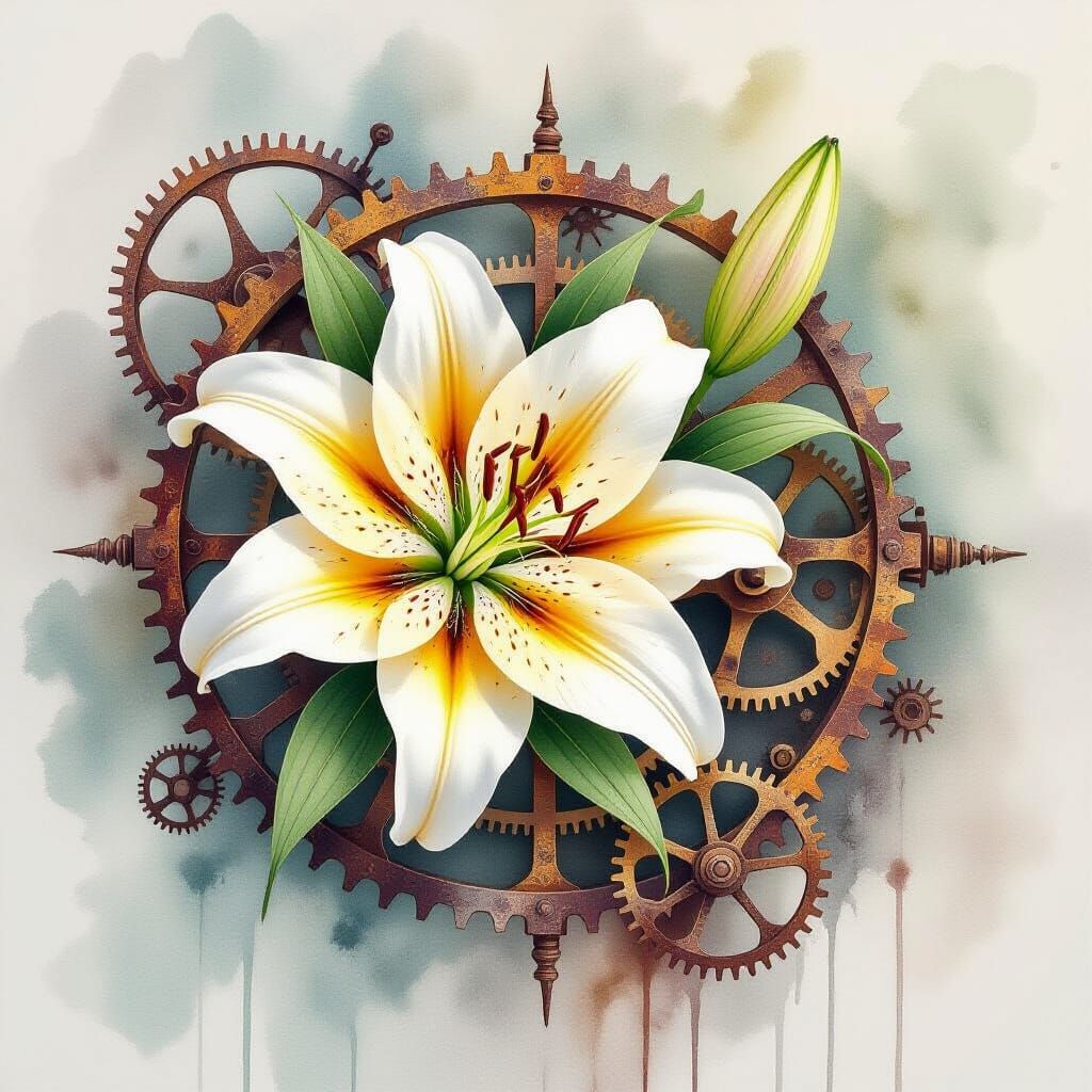 Surreal Lily Intertwined with Decaying Clockwork