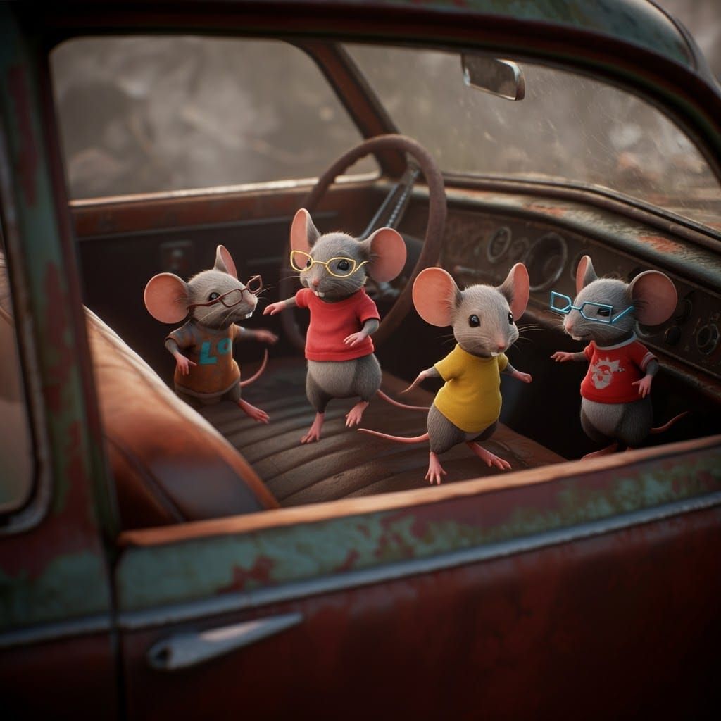 Mice Dancing in Car: Cartoonish Whimsical Style