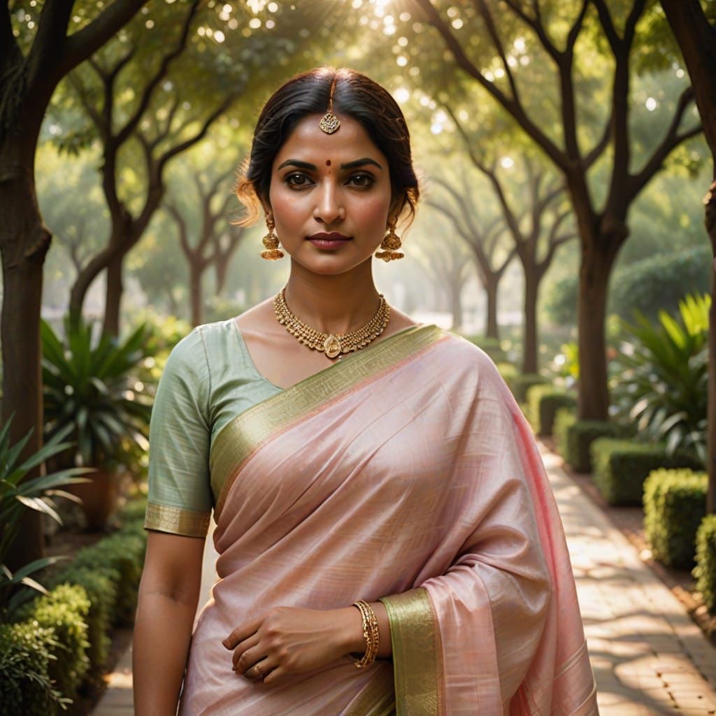 Serene Woman in Pastel Saree, Traditional Indian Painting St...