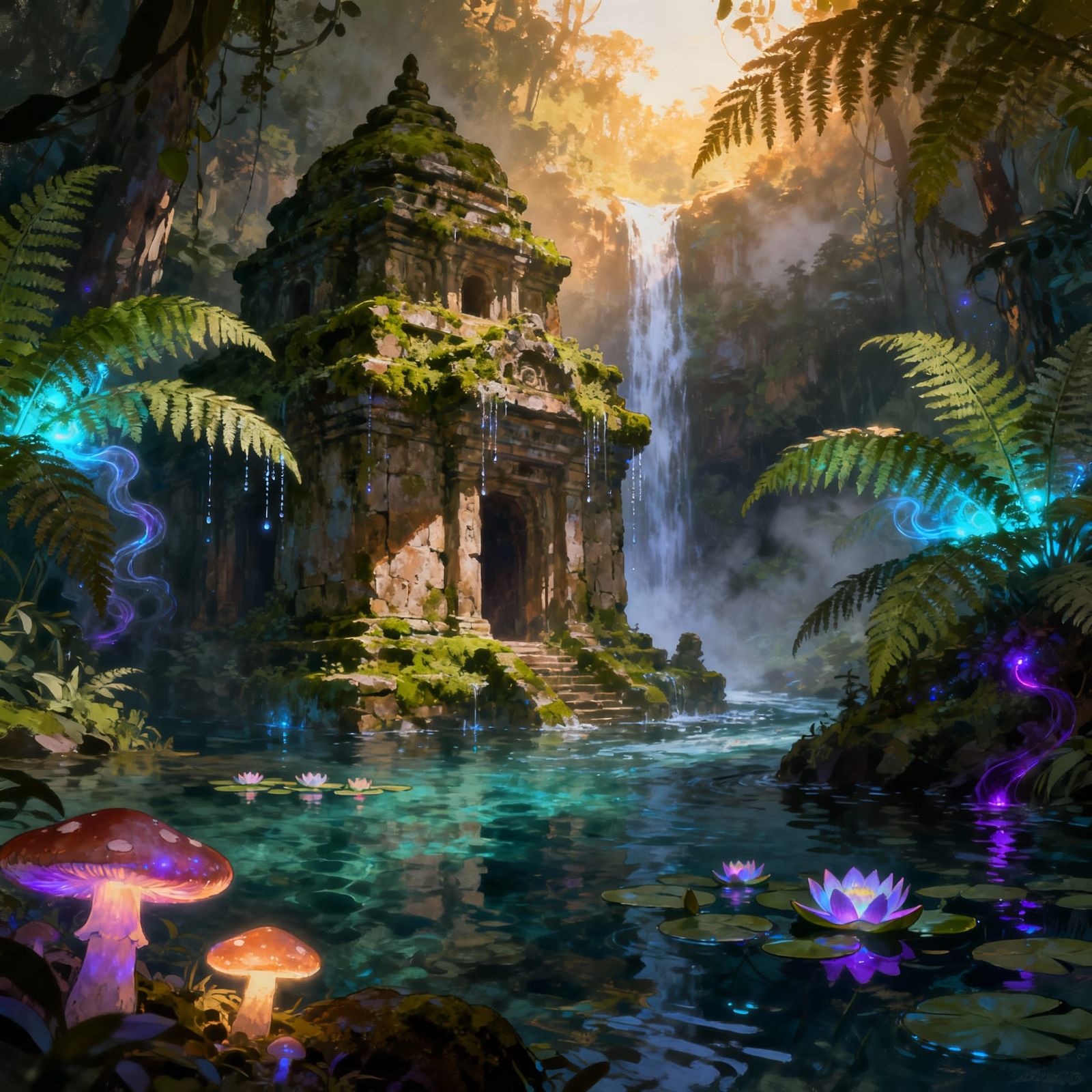 Ancient Jungle Temple in Hidden Waterfall Light