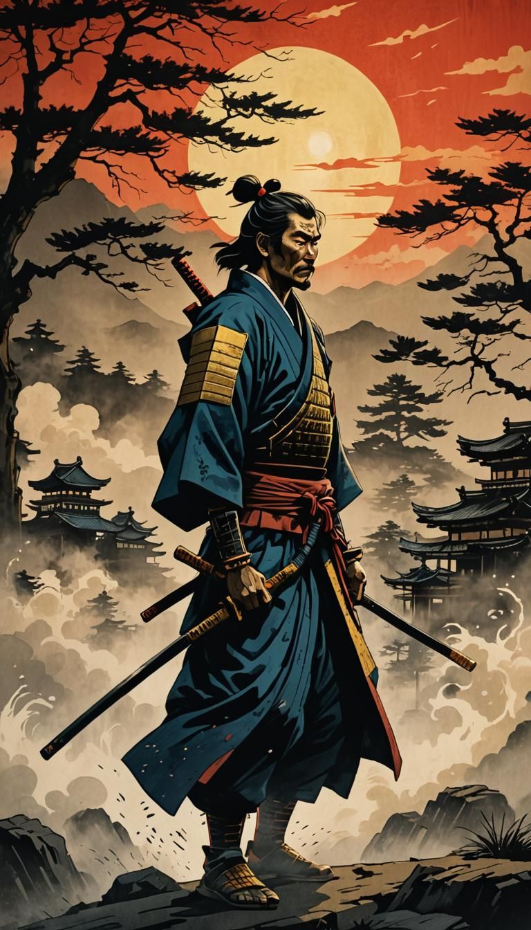 Samurai Silhouette in Ukiyo-e Woodblock Print Style