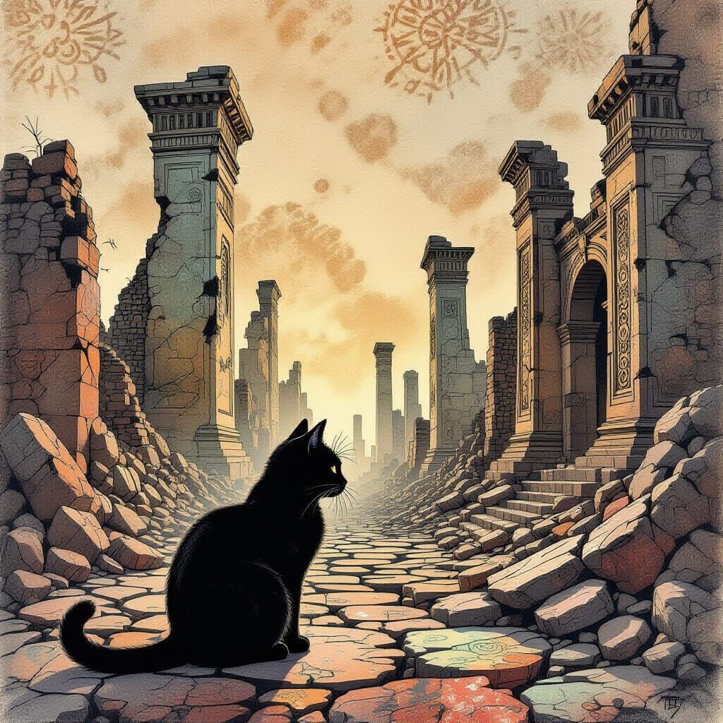 Black Cat in Ancient City Ruins