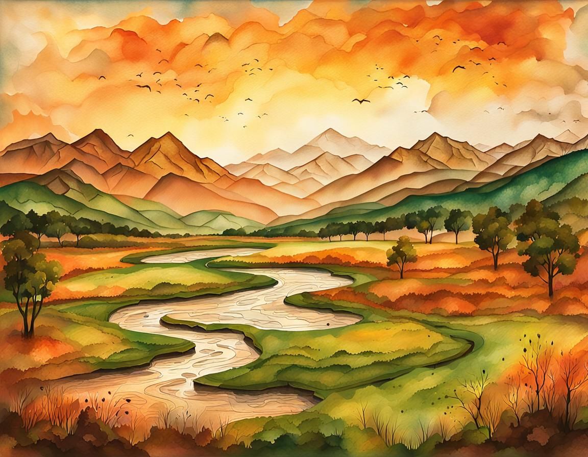 Sunset Valley Landscape with Autumnal Foliage