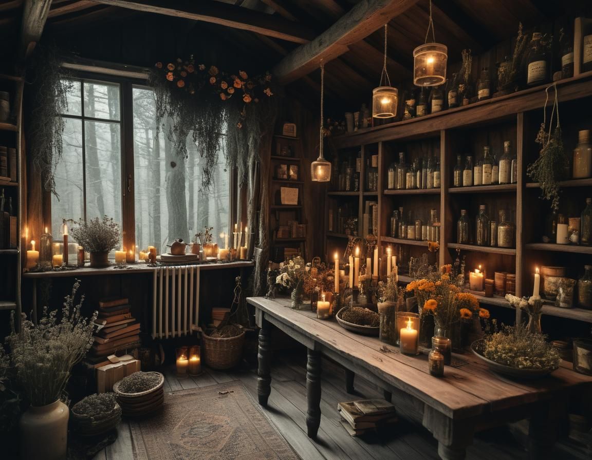 Cozy Witch Cottage Interior in Dark Forest