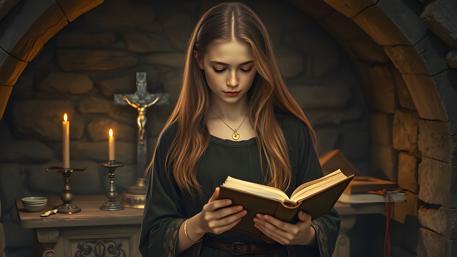 Maiden Reads from a Medieval Tomb in Realistic Style