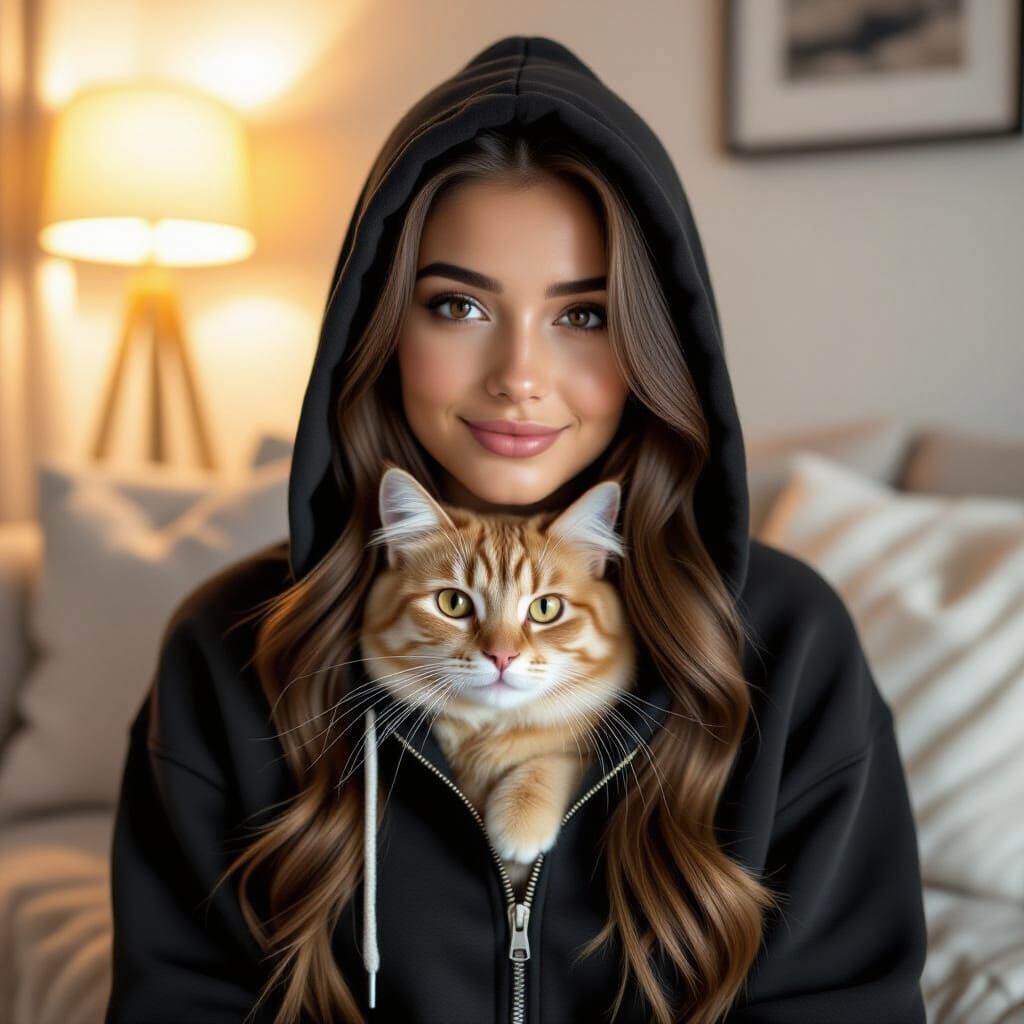 Woman With Cat in Hoodie, Cozy Room Scene