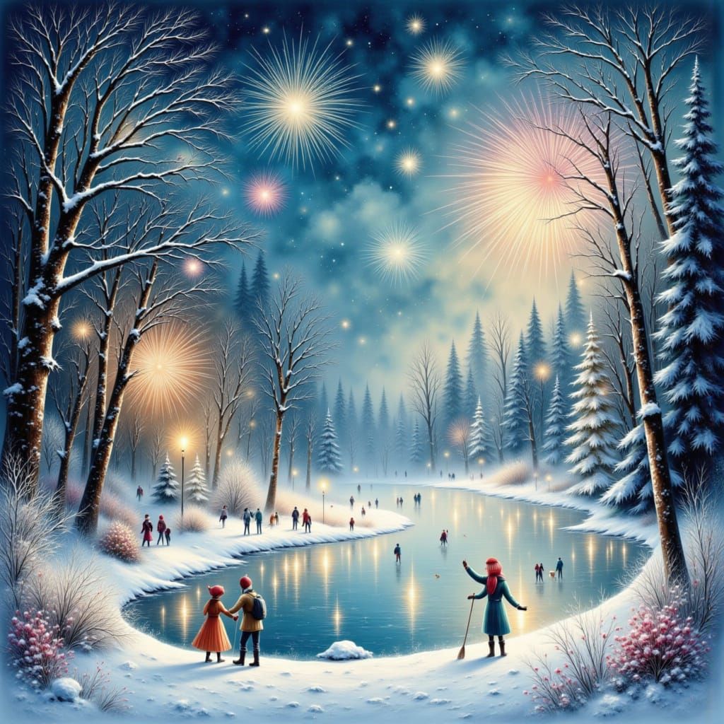New Year's Eve Celebration on Frozen Pond with Fireworks