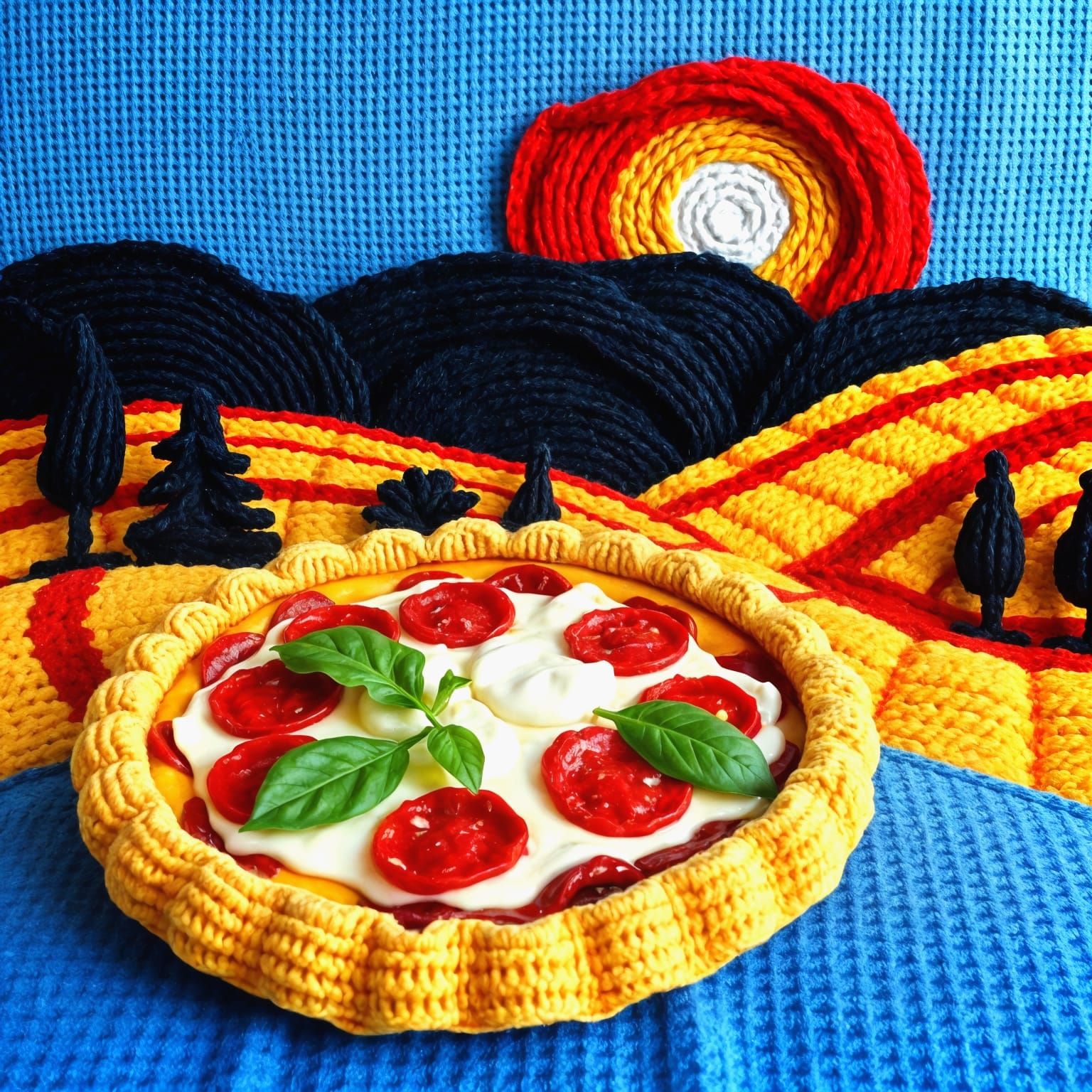 Knitted Wool Pepperoni Pizza in Abstract Expressionist Style