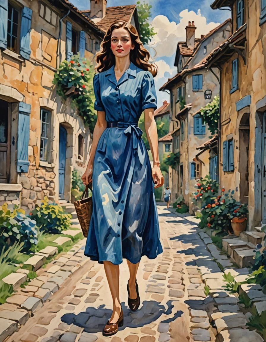 1940s Woman in Gouache Style, French Village
